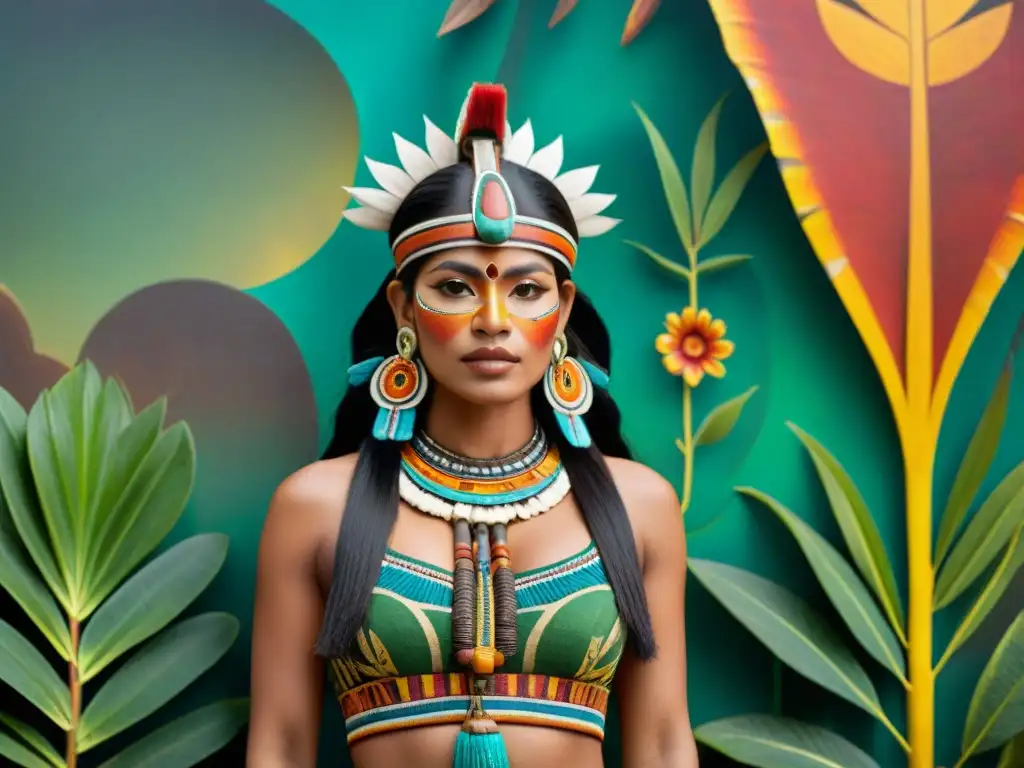 Un mural precolombino vibrante e intrincado, retratando una exuberante selva con plantas indígenas como cacao, maíz y amaranto