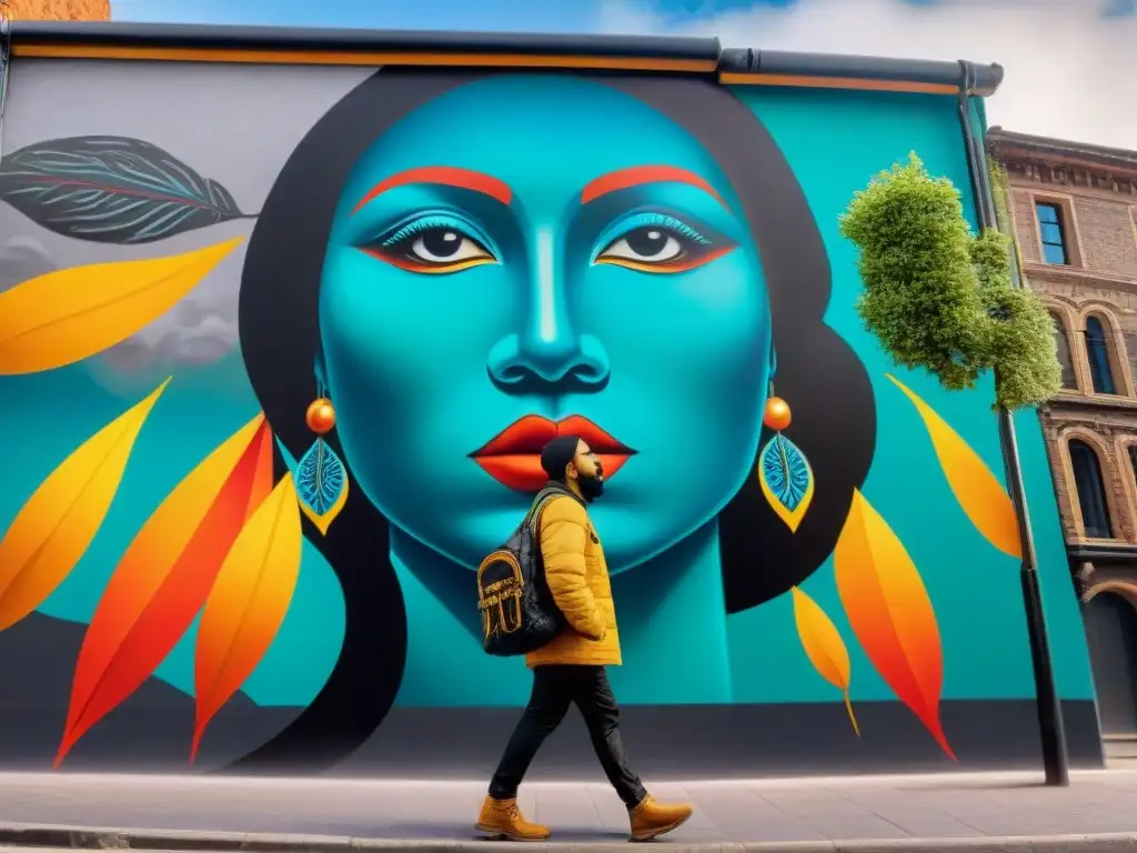 Un mural urbano indígena contemporáneo con jóvenes artistas pintando diseños intrincados y coloridos en la ciudad