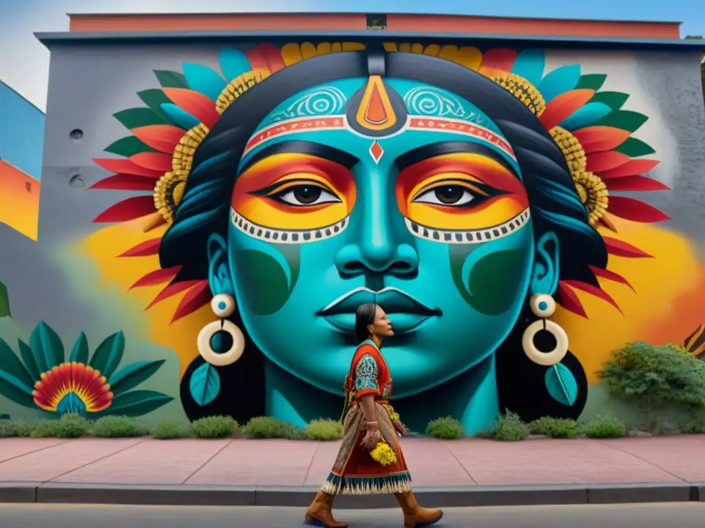 Un mural urbano indígena con mensajes ocultos en colores vibrantes y detalles nítidos