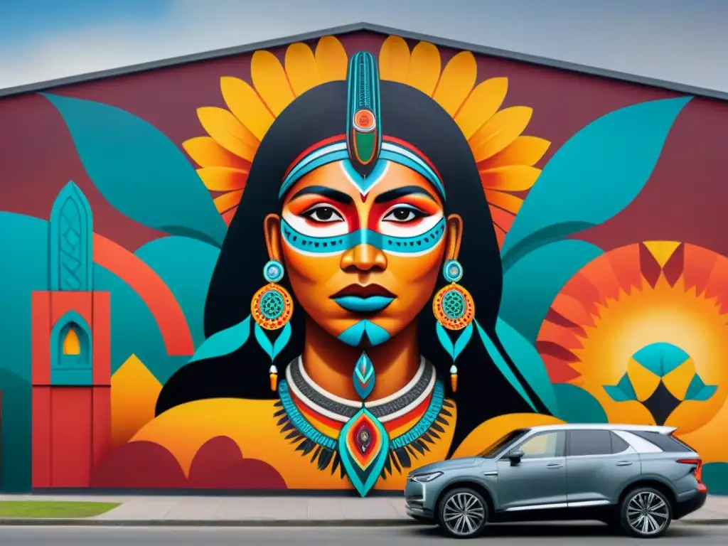 Un mural urbano vibrante y detallado que celebra narrativas indígenas con colores y símbolos cautivadores