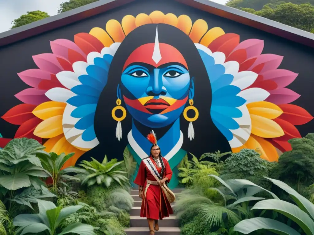 Mural vibrante con activistas indígenas marchando junto a símbolos de resistencia, en conexión con la naturaleza