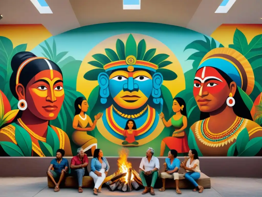 Mural vibrante de ancianos y niños indígenas en la selva, reflejando la tradición oral de sus culturas