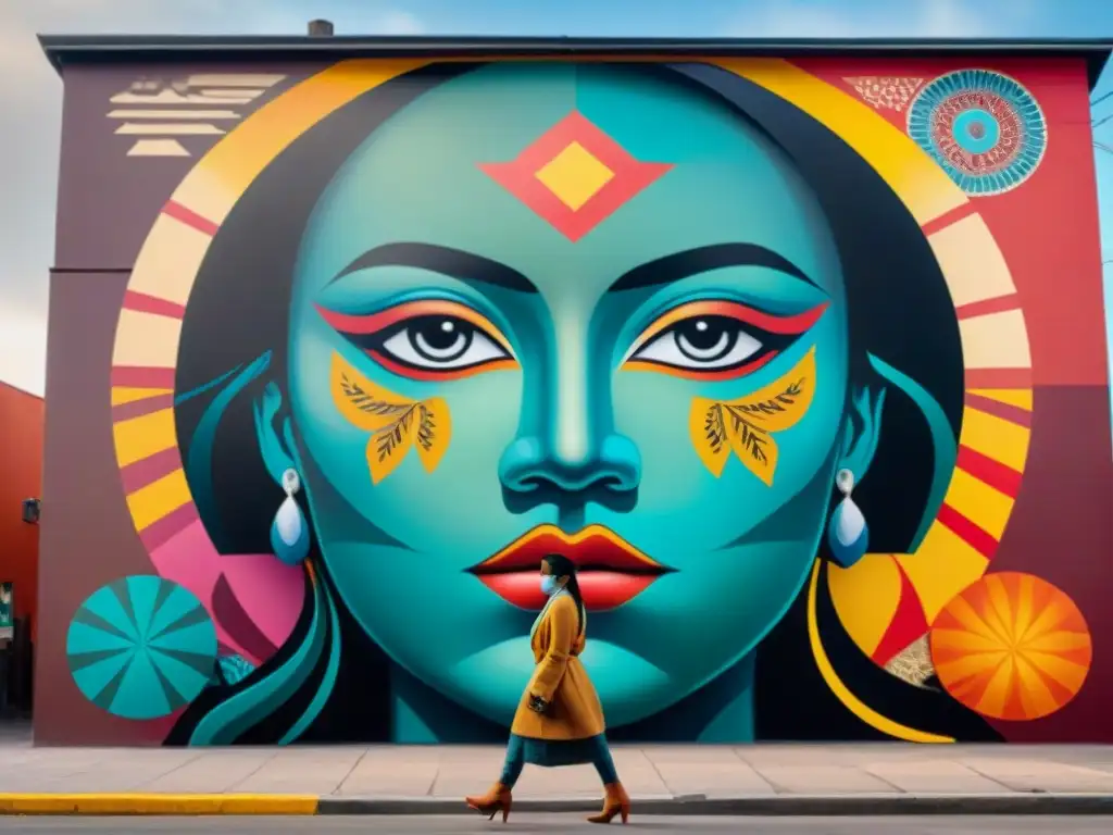 Un mural vibrante de arte callejero indígena contemporáneo que fusiona tradición y modernidad en colores y símbolos intensos