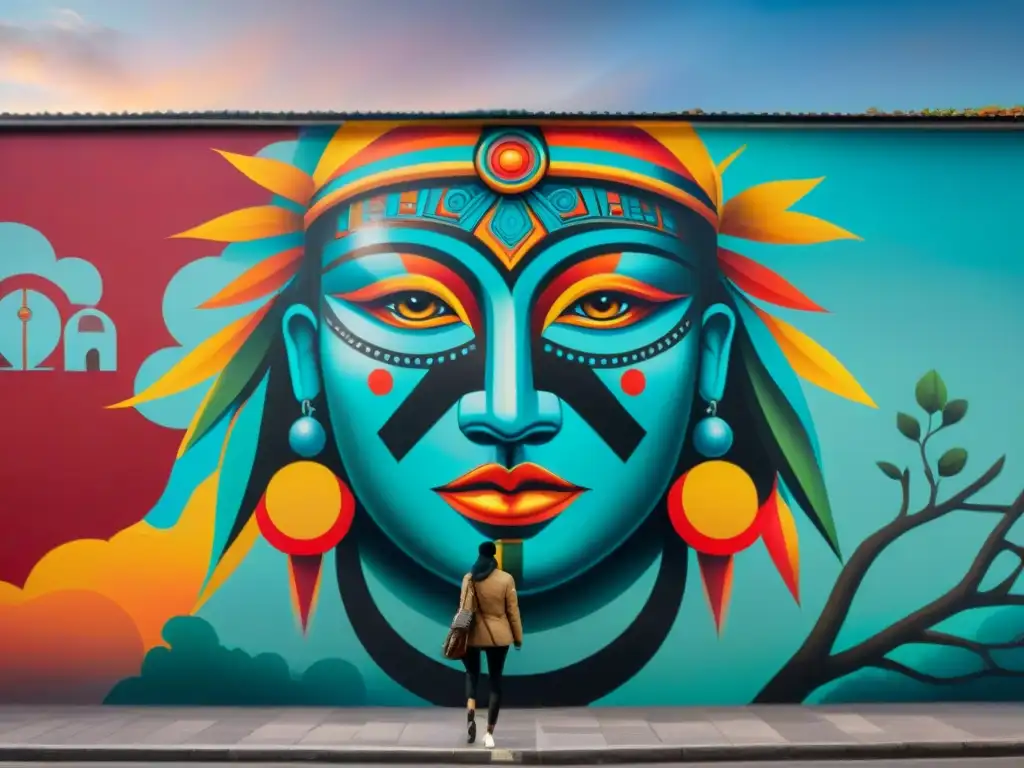 Un mural vibrante de arte callejero indígena contemporáneo en una ciudad, fusionando tradición y modernidad