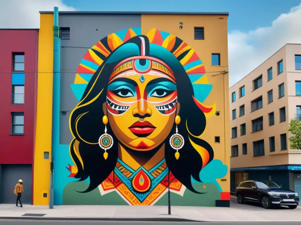 Un mural vibrante fusiona arte indígena con elementos urbanos, reflejando la evolución del arte indígena en entornos urbanos