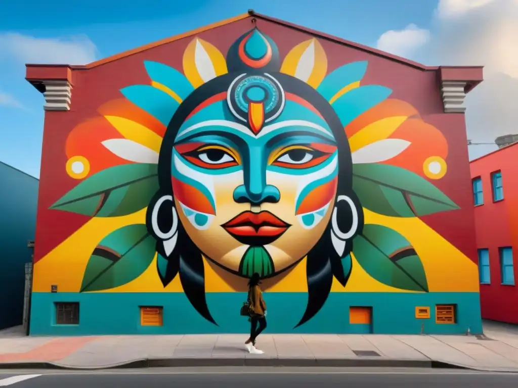 Un mural vibrante que fusiona arte indígena con elementos urbanos, reflejando la evolución del arte indígena en entornos urbanos