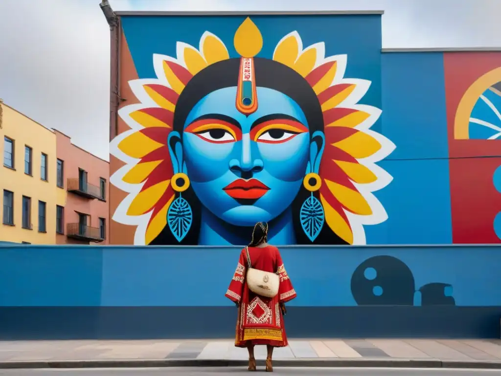 Mural vibrante de arte indígena contemporáneo en la ciudad