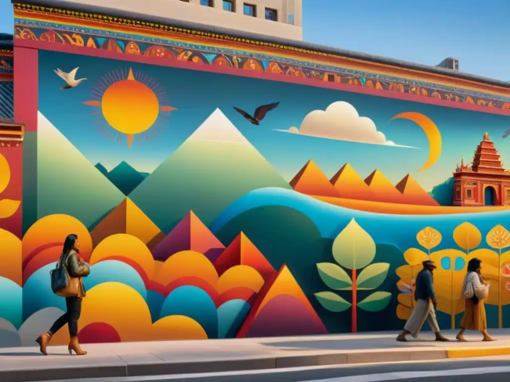 Un mural vibrante de arte indígena en era digital, pintado por artistas apasionados en la ciudad