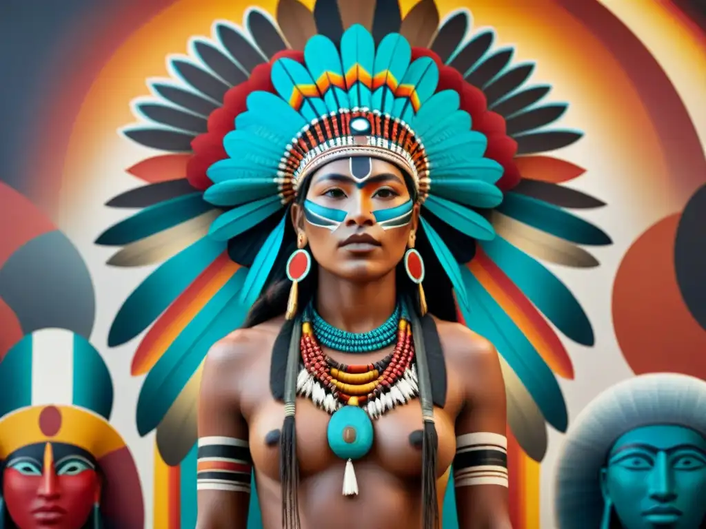 Un mural vibrante con arte indígena antiguo contemporáneo en una galería de arte moderno