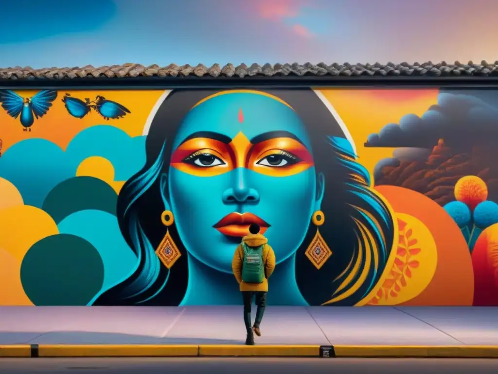 Un mural vibrante que fusiona arte indígena con elementos urbanos contemporáneos