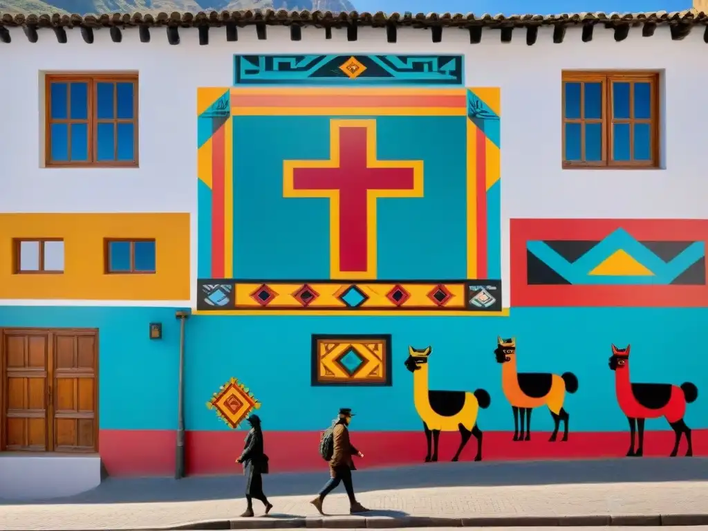 Un mural vibrante que fusiona arte urbano andino y rica identidad cultural, con la cruz chakana, llamas y montañas