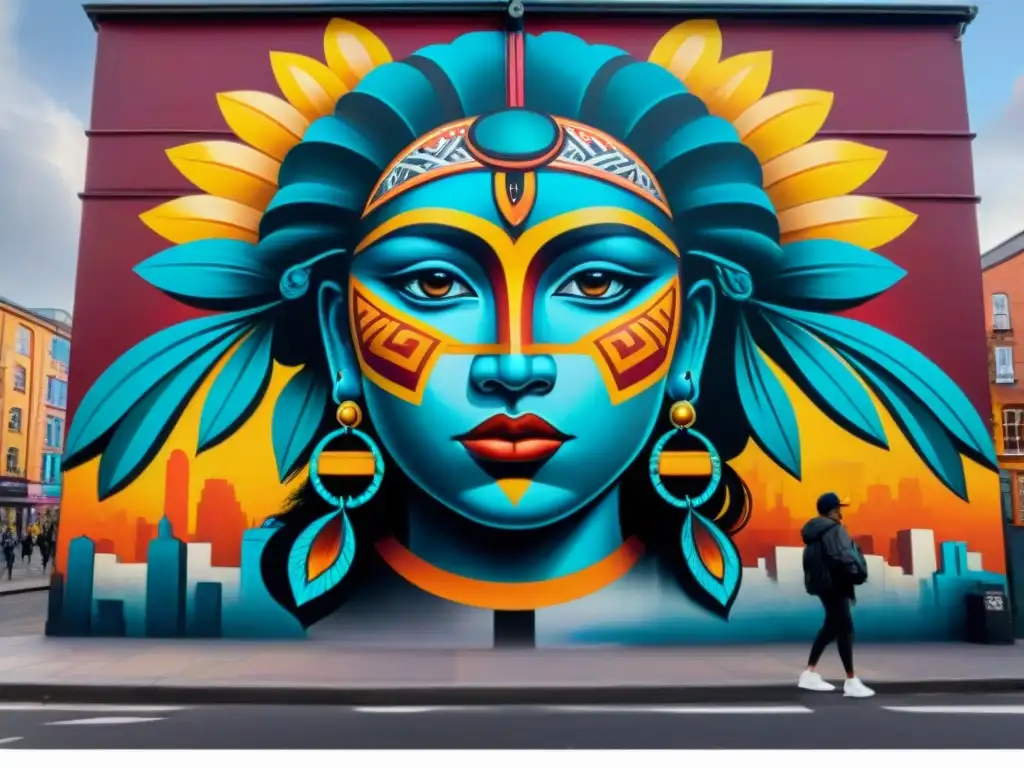 Un mural vibrante que fusiona arte urbano contemporáneo y cultura indígena