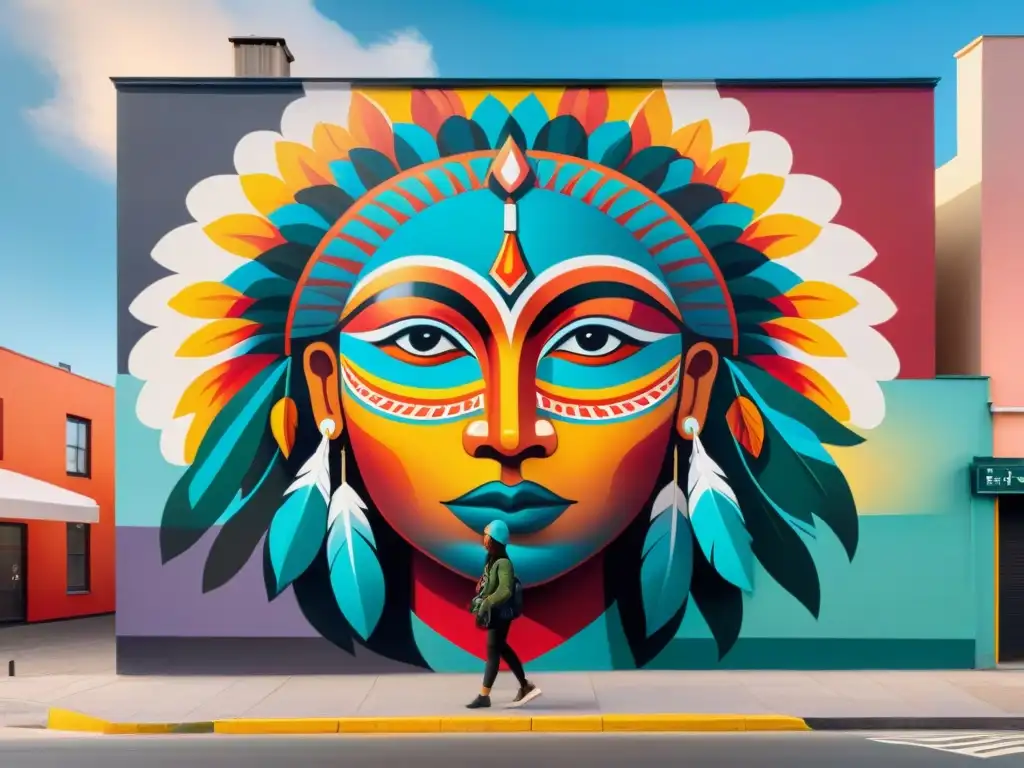 Un mural vibrante de arte urbano indígena contemporáneo en las Américas, reflejando resistencia y orgullo cultural