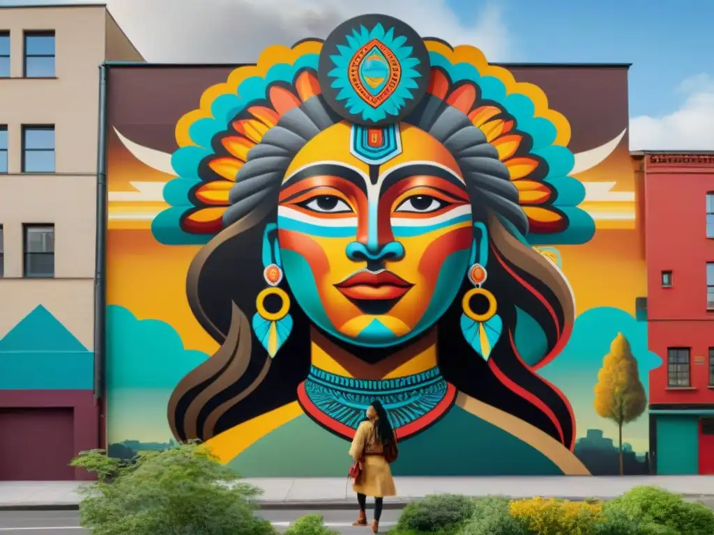 Un mural vibrante que fusiona arte urbano indígena con mensajes culturales, colores ricos y detalles precisos