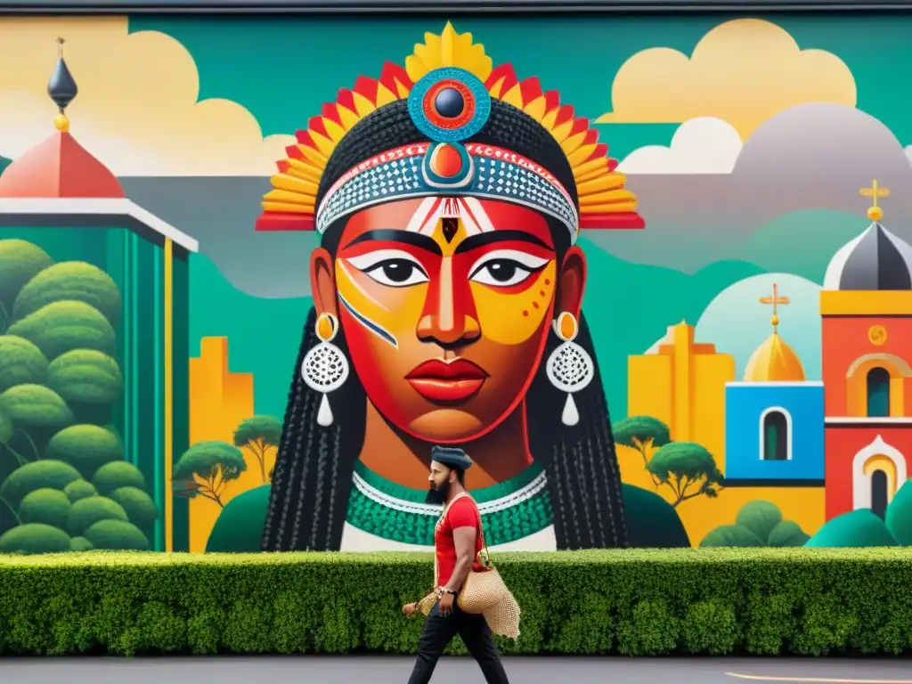 Un mural vibrante que representa el choque de culturas indígenas en América mestizaje