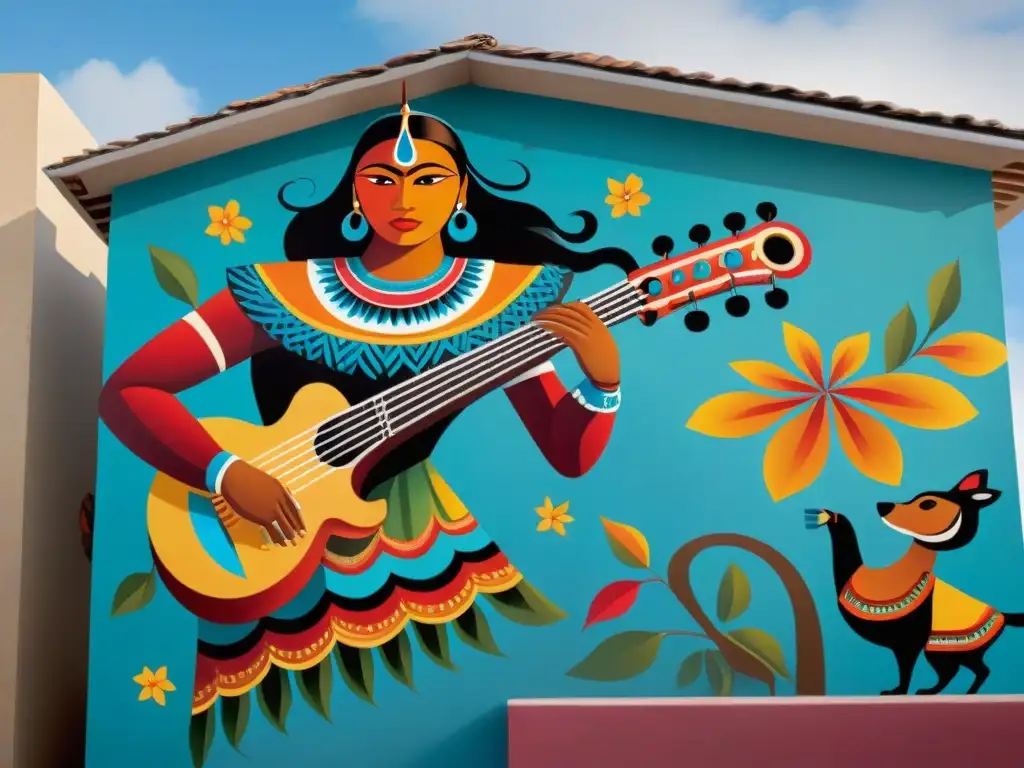 Un mural vibrante en la ciudad muestra músicos indígenas junto a elementos simbólicos