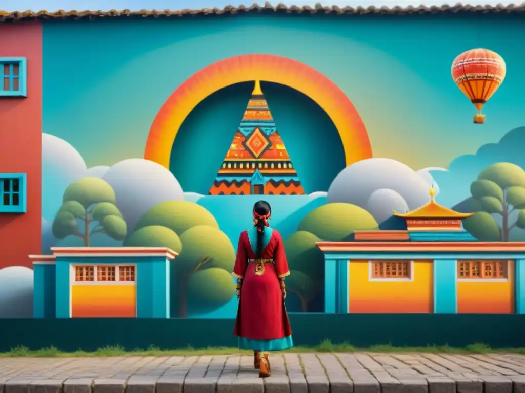 Mural urbano de folclore indígena y modernidad Un mural vibrante que fusiona cuentos indígenas con la modernidad en una explosión de colores y detalles