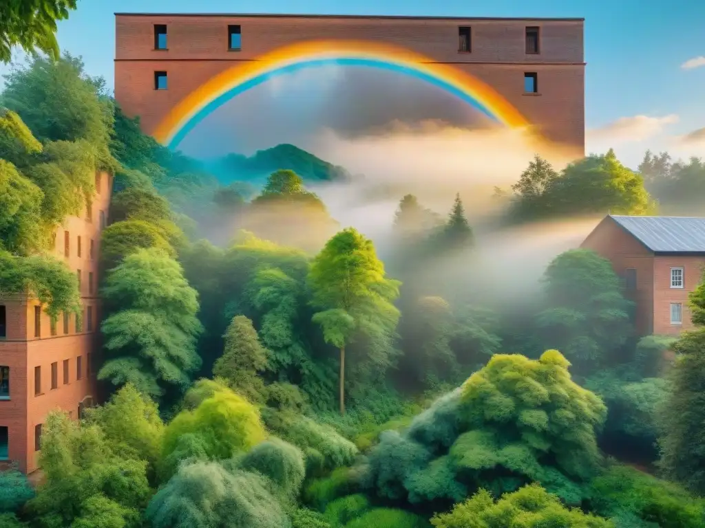 Un mural vibrante y detallado en un edificio de ladrillo antiguo, ilustrando un exuberante bosque lleno de vida y coloridas aves en vuelo