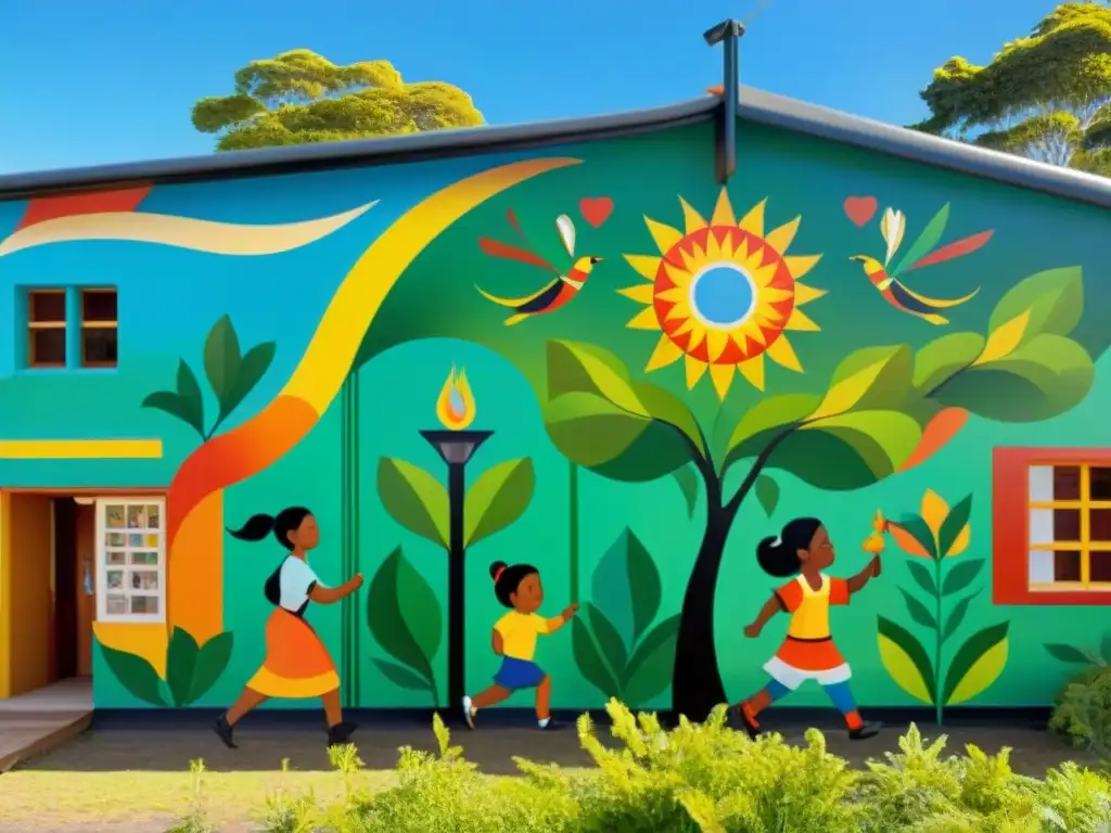 Un mural vibrante en una escuela indígena tradicional, reflejando orgullo cultural y éxito educativo bilingüe