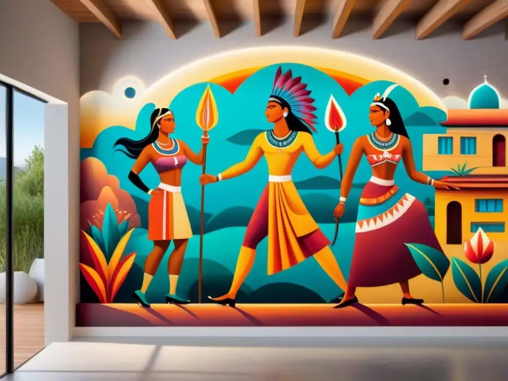 Un mural vibrante de cosmovisión indígena con mitos y leyendas, detallado y colorido en una pared de adobe envejecida