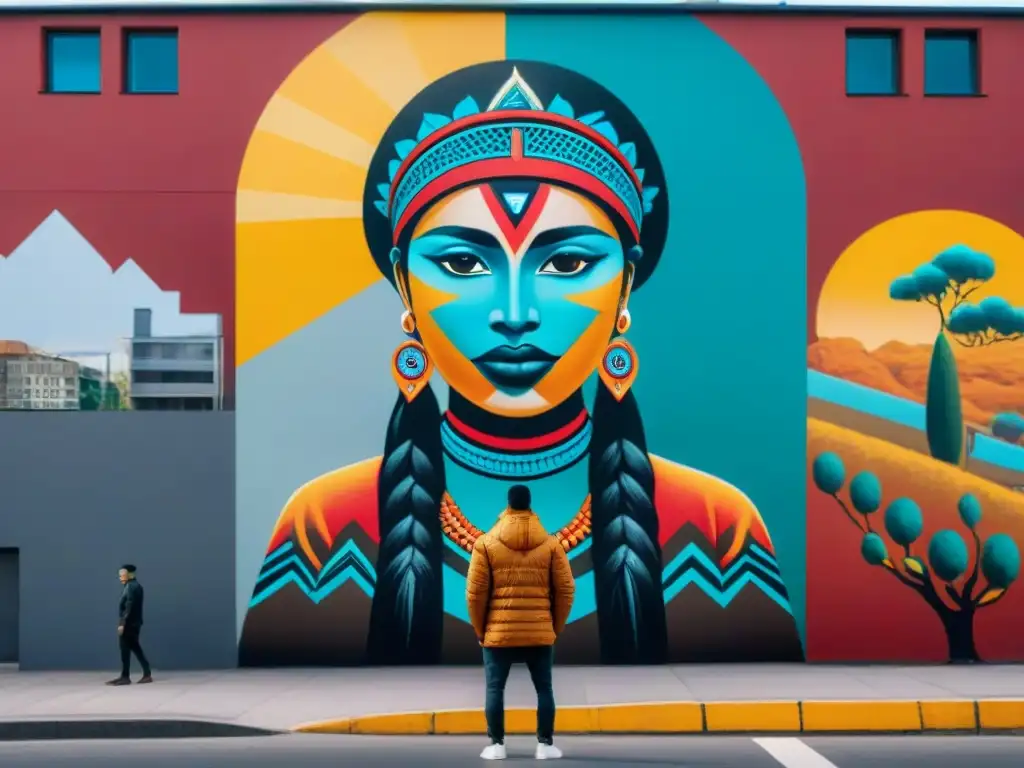 Un mural vibrante en una pared de la ciudad fusiona símbolos indígenas con elementos urbanos modernos