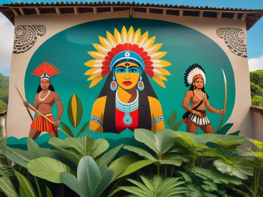 Mural vibrante de resistencia de culturas indígenas en América, detallado y poderoso