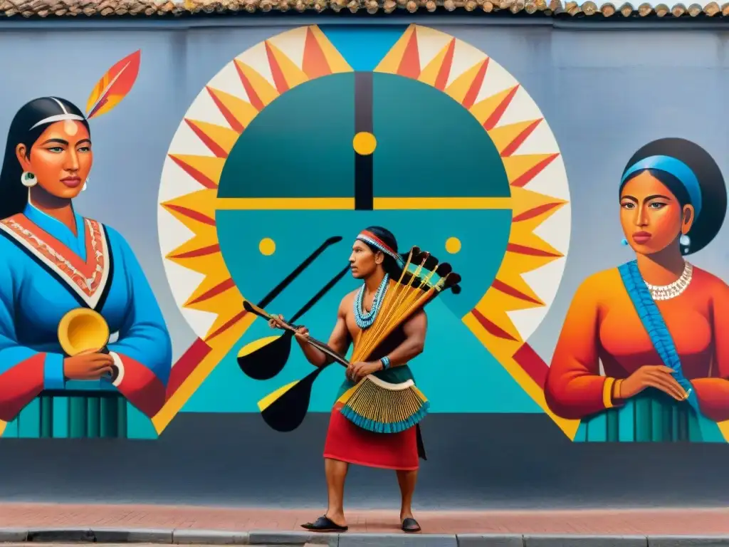 Un mural vibrante que representa la resistencia indígena a través del arte y la música, con detalles intrincados y colores llamativos