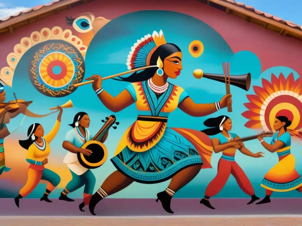 Un mural vibrante de rituales indígenas: músicos y bailarines en armonía, transmitiendo una tradición ancestral