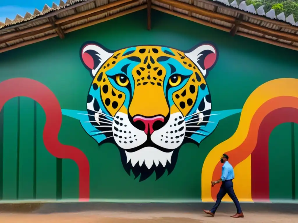 Un mural vibrante de un ser mitológico amazónico, mitad jaguar y mitad serpiente, en una maloca indígena