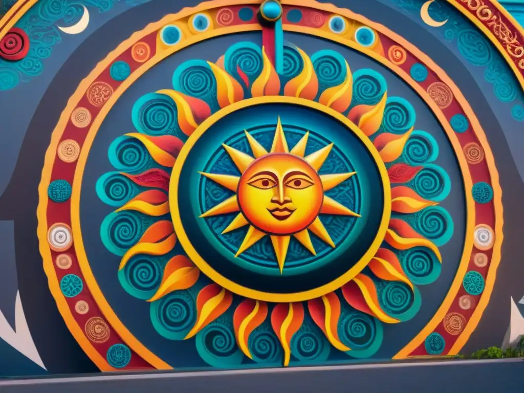 Un mural vibrante con simbolismo arte público indígena: sol, luna y animales entrelazados en una colorida obra cultural