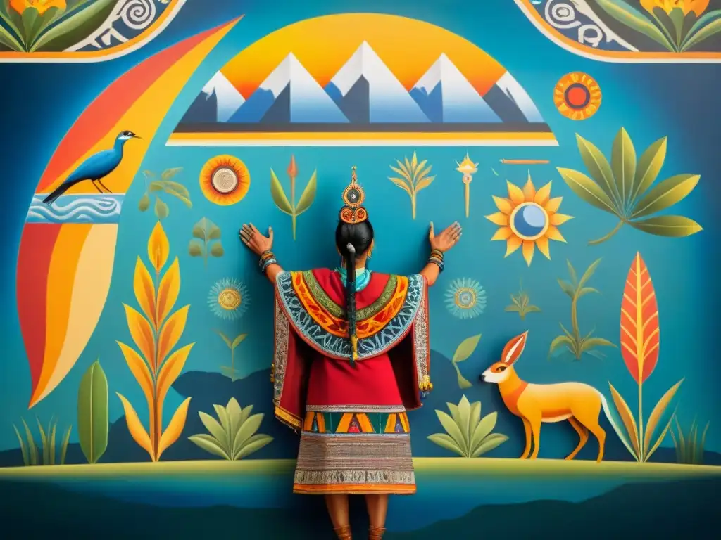 Murales vibrantes muestran mitos creación pueblos originarios América con Viracocha esculpiendo el mundo entre símbolos andinos