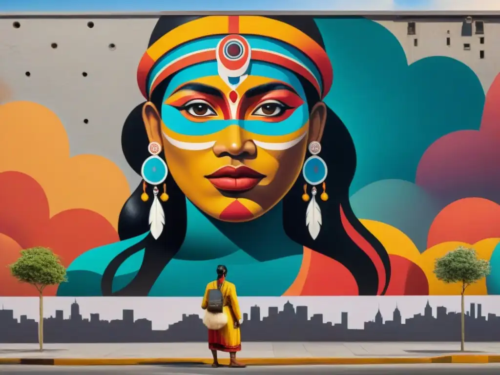 Muralistas indígenas transformando ciudades con arte ancestral y colores vibrantes en mural urbano detallado