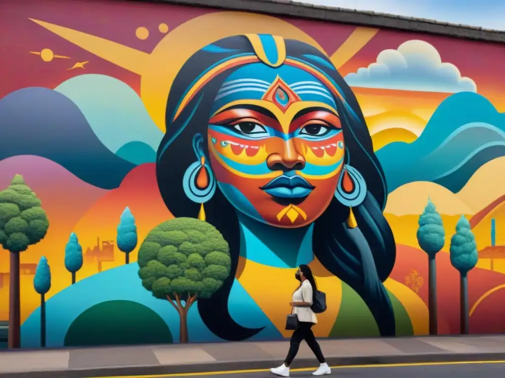 Muralistas indígenas transformando ciudades: Un mural vibrante y detallado en una pared urbana, lleno de símbolos y colores vibrantes que resaltan