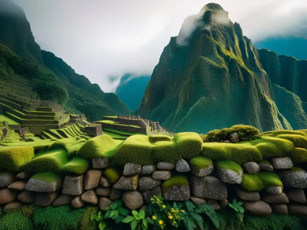 Muralla Inca integrada con naturaleza: detallada arquitectura de piedra con musgo verde y montañas al fondo