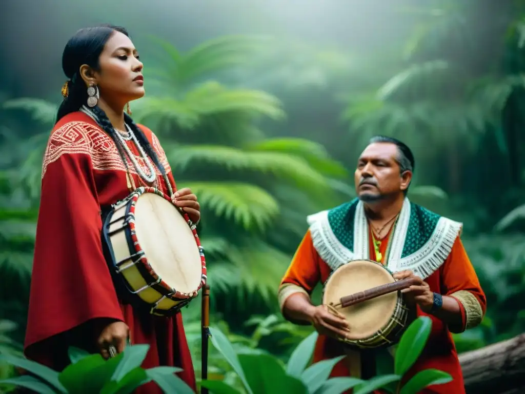 Música en luchas indígenas contemporáneas: Grupo de músicos indígenas tocando con pasión en la selva