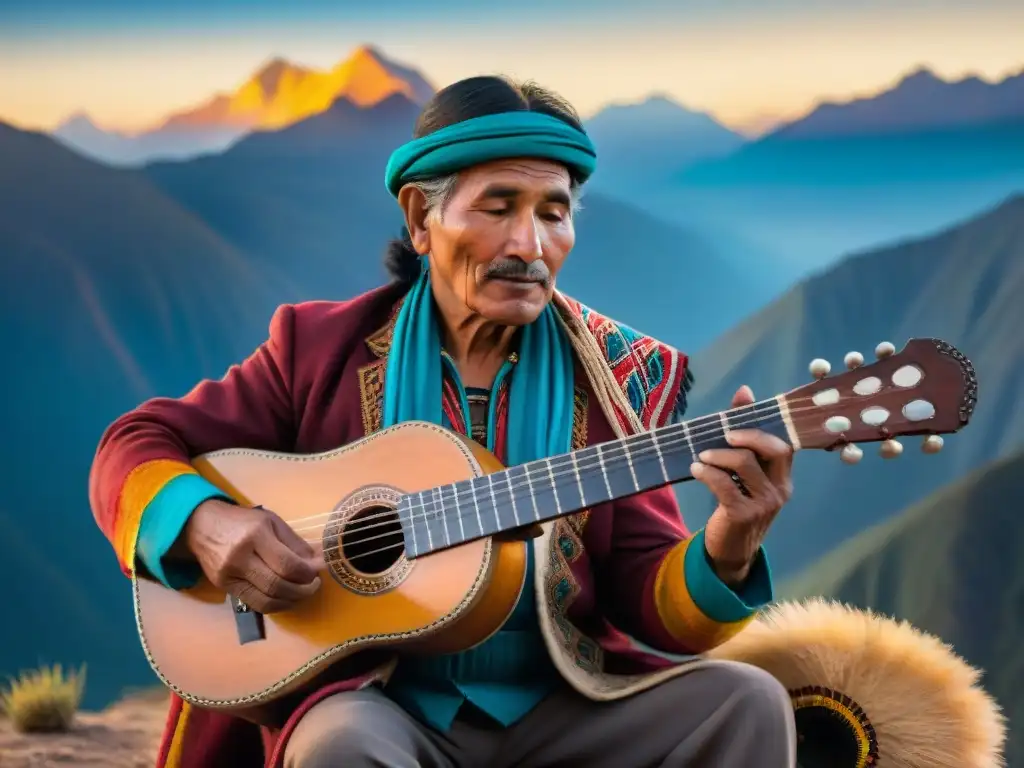 Un músico andino toca un charango al atardecer en los Andes, reflejando la pasión por la música tradicional de los Andes