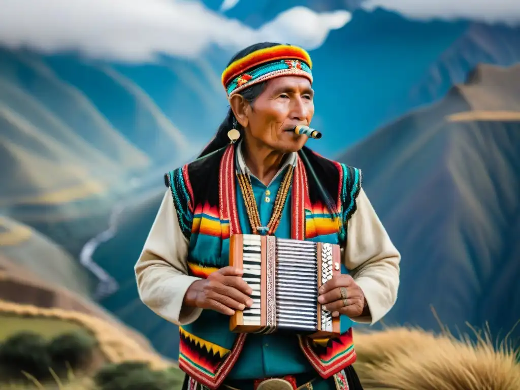 Un músico andino con traje tradicional colorido tocando la Flauta de Pan, en armonía con los majestuosos Andes