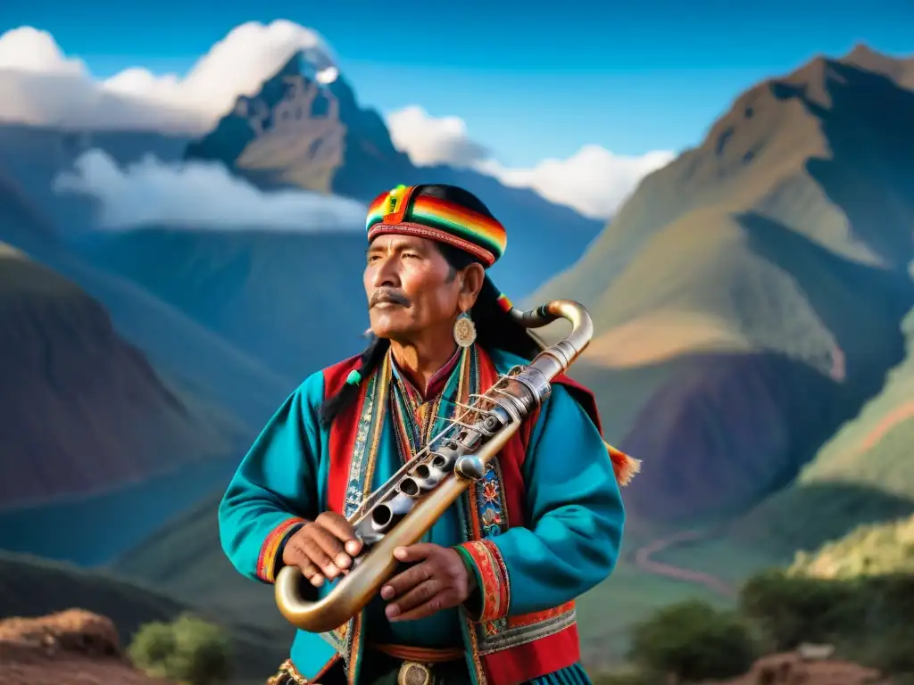 Un músico boliviano toca el ajayu, instrumento de viento de los pueblos originarios de Bolivia, frente a los picos nevados de los Andes