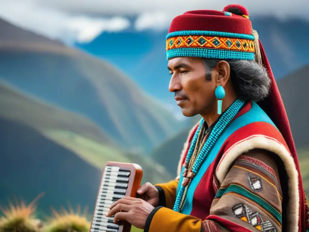 Un músico experto toca un antiguo instrumento Ajayu en un paisaje andino vibrante, con montañas nevadas y llamas