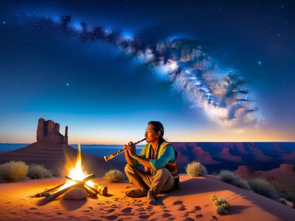 Un músico Navajo toca una flauta bajo el cielo estrellado del desierto de Arizona