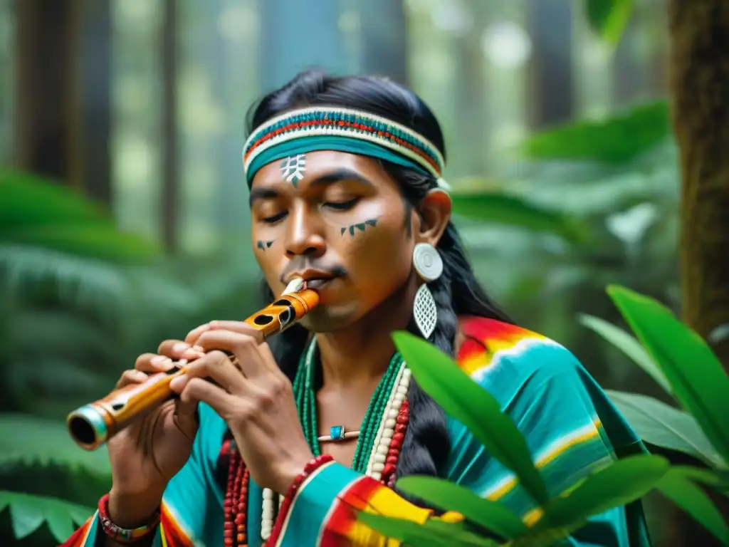 Un músico indígena toca una flauta decorada en un bosque exuberante