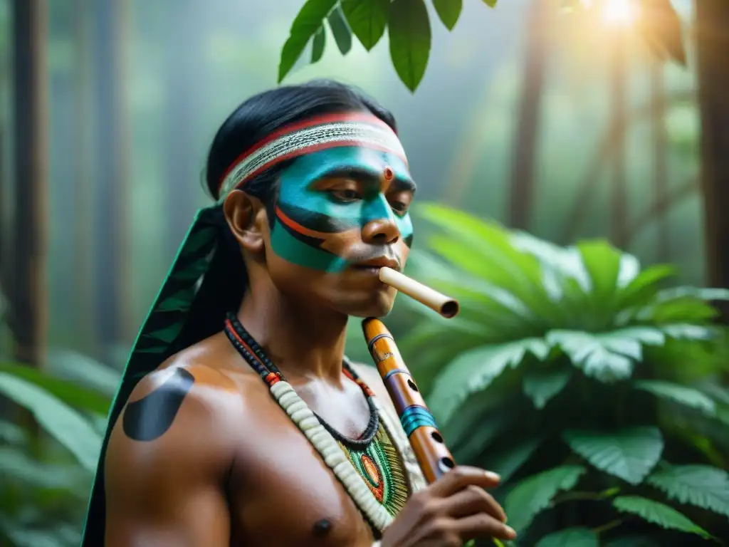 Un músico indígena toca una flauta de madera en un bosque, rodeado de vegetación exuberante