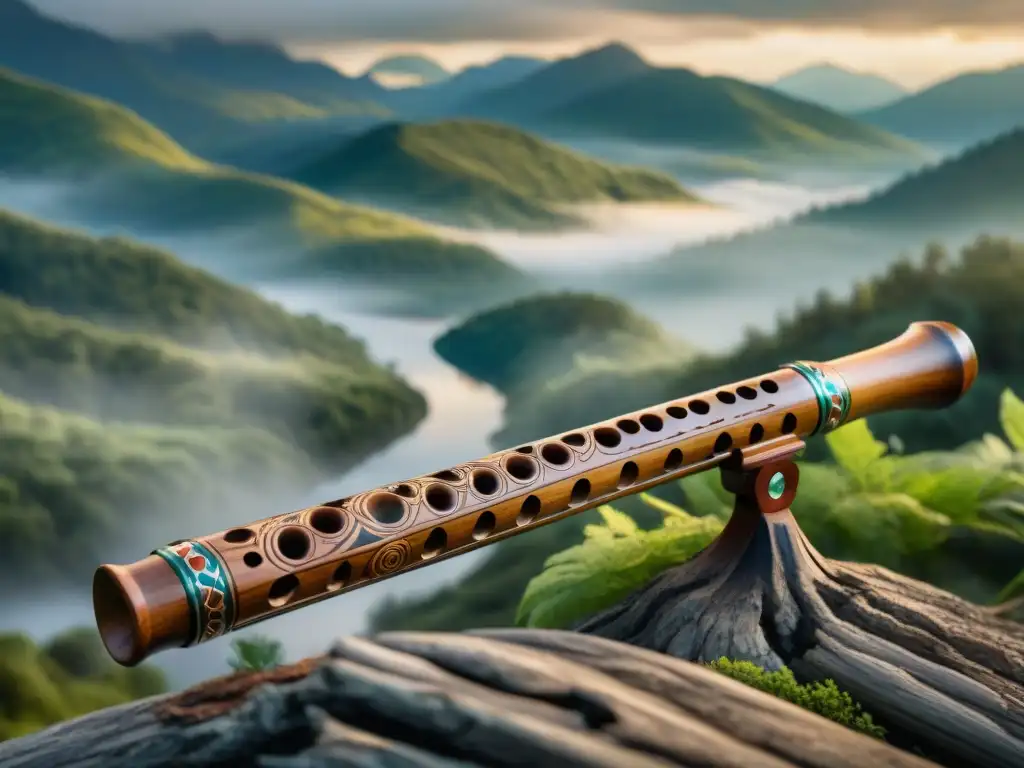 Melodías ancestrales: Flauta nativa de cedro en bosque místico Un músico indígena toca una flauta de madera de cedro, decorada con tallados de animales y elementos naturales