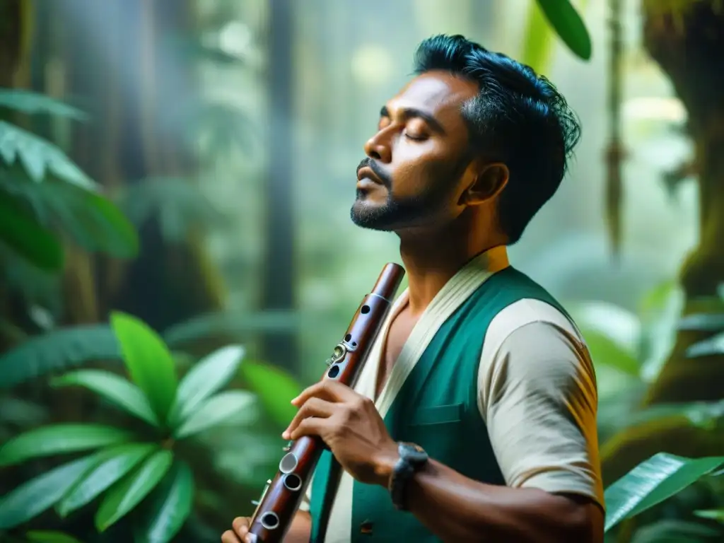 Un músico indígena toca una flauta de madera en la selva, rodeado de árboles altos y follaje verde vibrante