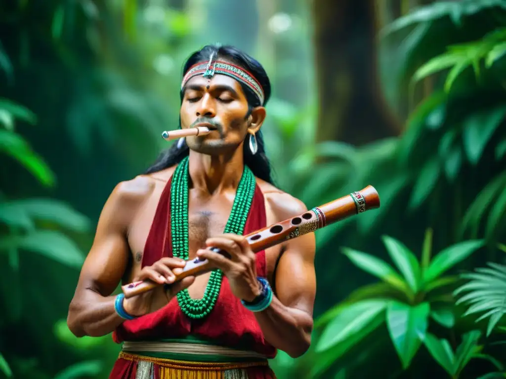 Un músico indígena toca una flauta de madera tallada y plumas coloridas en la selva