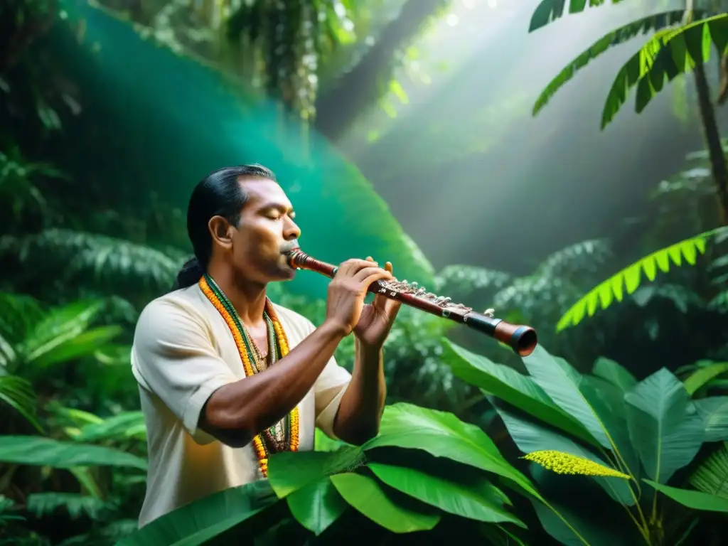 Un músico indígena toca una flauta en la selva amazónica, rodeado de flora y fauna