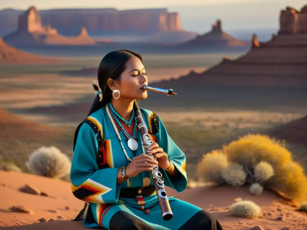 Un músico Navajo toca una flauta tradicional en un paisaje desértico al atardecer