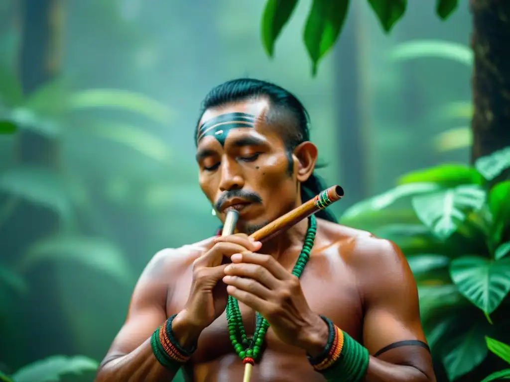 Un músico indígena del Amazonas tocando una flauta de madera, inmerso en la música de la selva