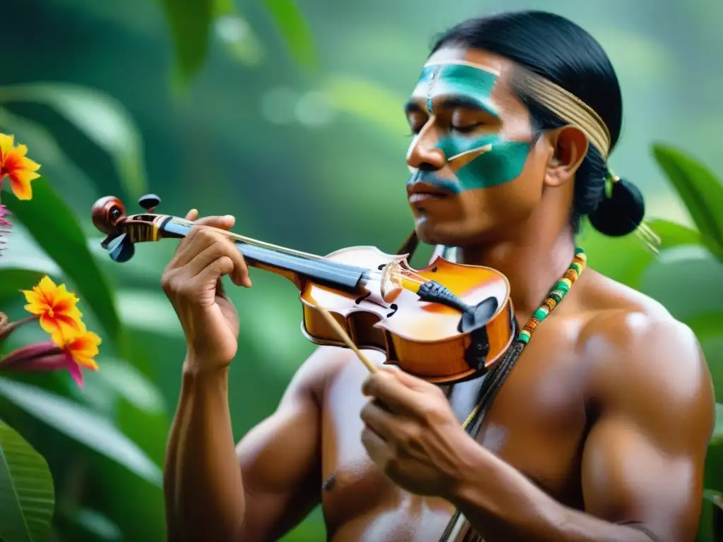 Un músico indígena amazónico tocando un instrumento de cuerda tradicional, inmerso en la selva