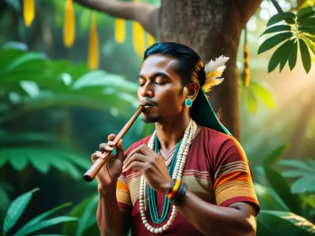 Un músico indígena americano tocando una flauta bajo un ceiba, rodeado de naturaleza exuberante